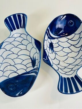 Vintage Dansk Arabesque Blue White Fish Bowls Scandinavian Serving Set Decor 201